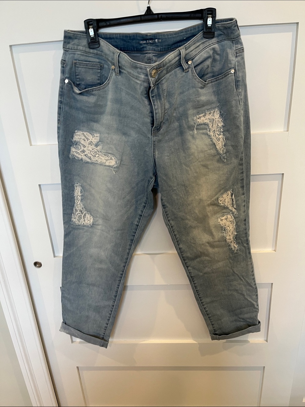 Chico's Light Wash Distressed Boyfriend Jeans with Lace Insets